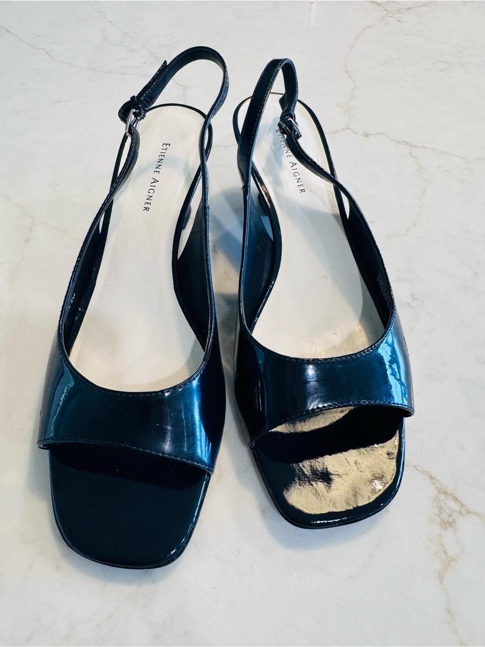 Etienne Aigner Black Patent Open-Toe Slingback Sandals